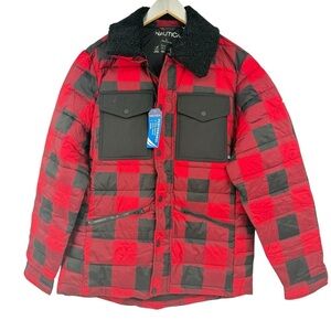 Nautica Men’s Size Large Buffalo Plaid Red Black Plaid Coat jacket NWT